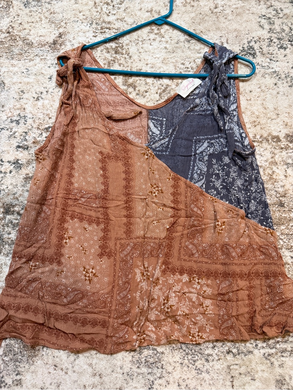 Tie-Shoulder Patchwork Camisole in Brown & Dark Gray - Casual Boho Top